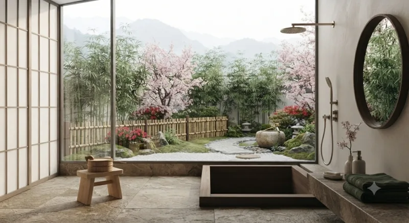 Modern, clean bathroom designed according to Feng Shui principles with natural light, organized storage, and balanced colors.