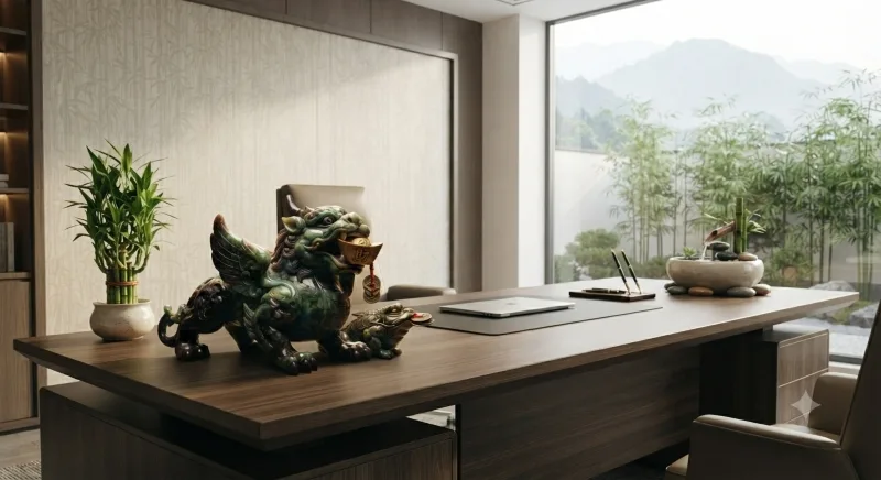 Modern home office designed with Feng Shui principles featuring an organized desk, ergonomic chair, natural lighting, and indoor plants.