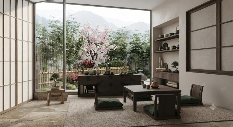 Modern living room arranged according to Feng Shui principles with balanced furniture, natural light, and healthy indoor plants.