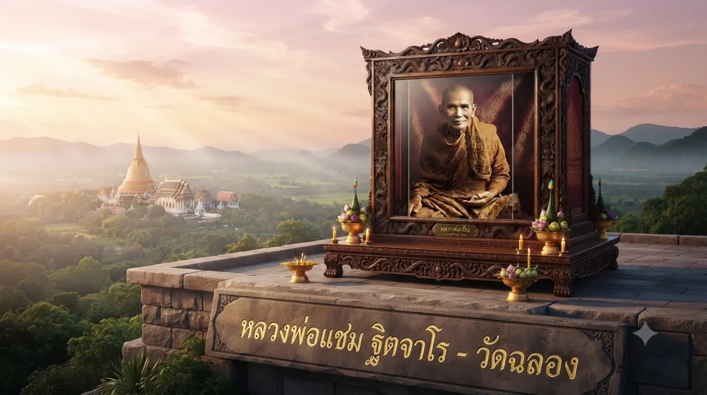 Portrait of Luang Pho Chaem of Wat Chalong, the revered Buddhist monk of Phuket known for his compassion, leadership, and sacred amulets.