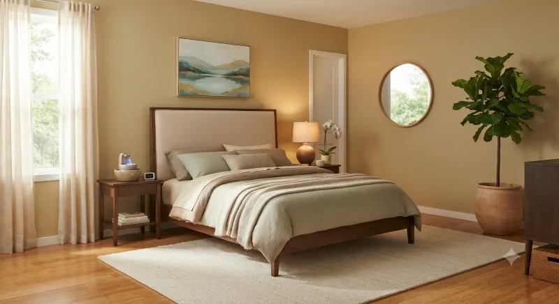 Peaceful bedroom designed with Feng Shui principles, featuring balanced furniture placement, soft lighting, and calming colors.