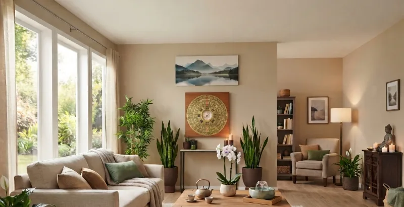 Modern business office designed with Feng Shui principles featuring an organized reception area, natural lighting, healthy plants, and collaborative workspaces.