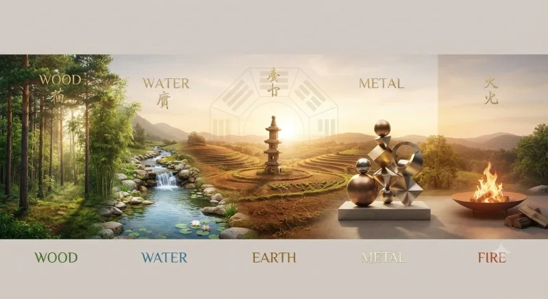 Illustration of the Five Elements of Feng Shui: Wood, Fire, Earth, Metal, and Water in a balanced circular diagram.