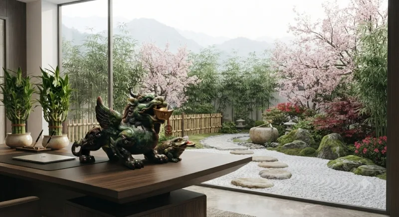 Beautiful Feng Shui garden with curved pathways, lush greenery, natural stones, a small pond, and balanced landscaping.